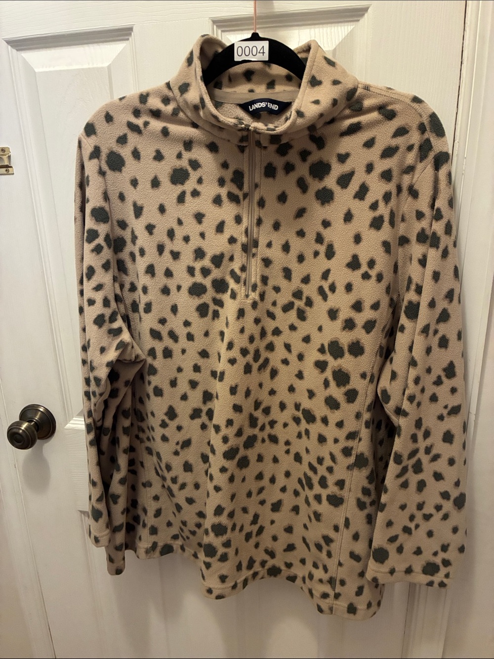 Lands' End Beige Animal-Spot Quarter-Zip Teddy Fleece